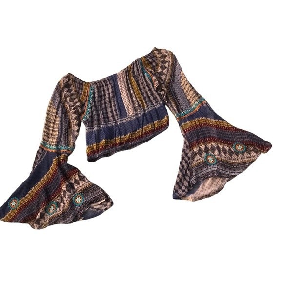 Raga Crop Top Long Bell Sleeves Elastic Neck & Hem Aztec Print Size S - Picture 1 of 8